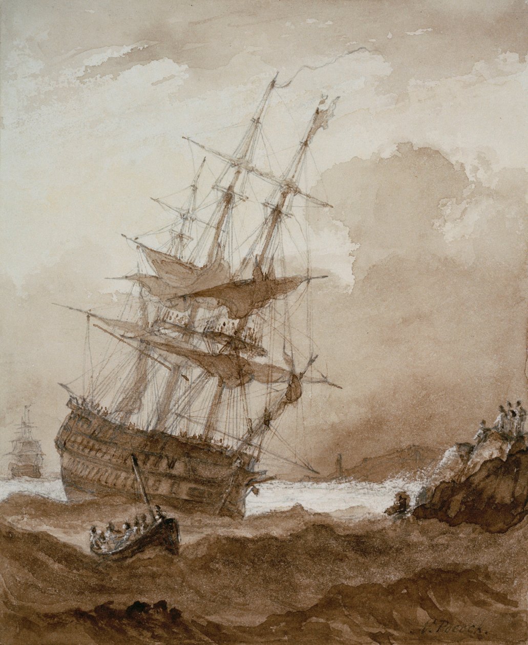 Tvådäckare i storm utanför kusten, sent 1700-tal till tidigt 1800-tal (brunmålad) av Nicholas Pocock