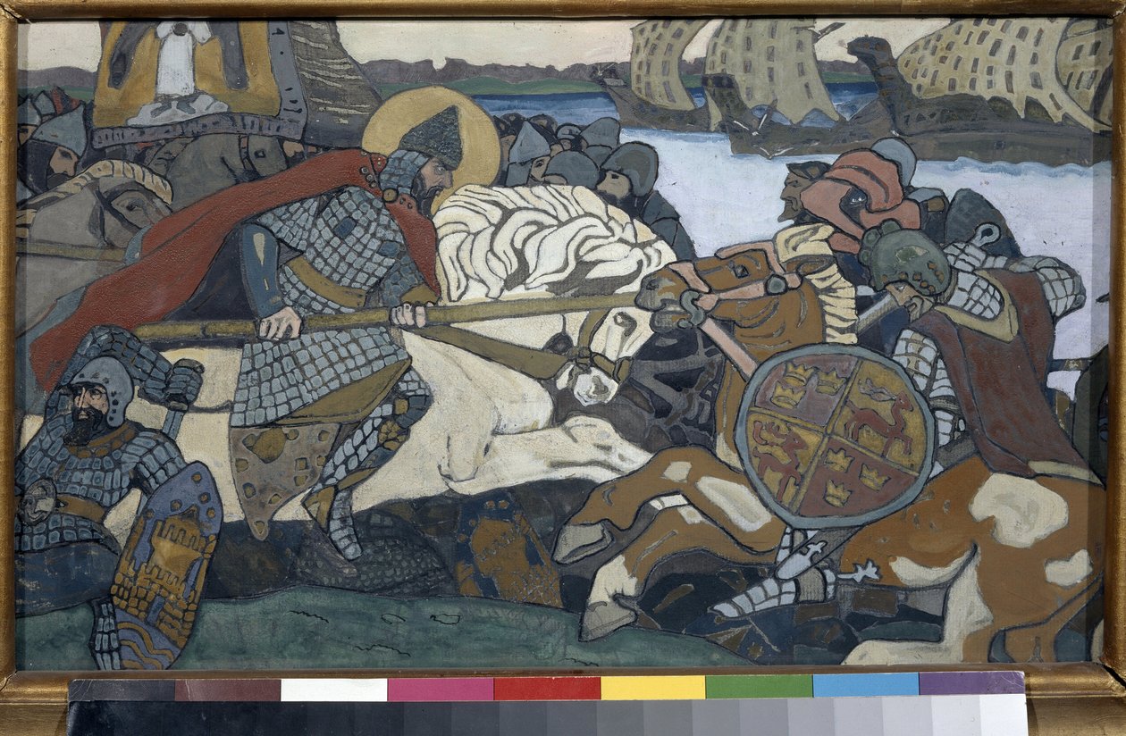 Alexander Nevskij (1220-1263) slår Birger Jarl (1210-1266) (eller Birger Magnusson av Bjalbo). Avsnitt av slaget vid Neva (1240). Verk av Nicolas Roerich (1874-1947), gouache på kartong av Nicholas Roerich