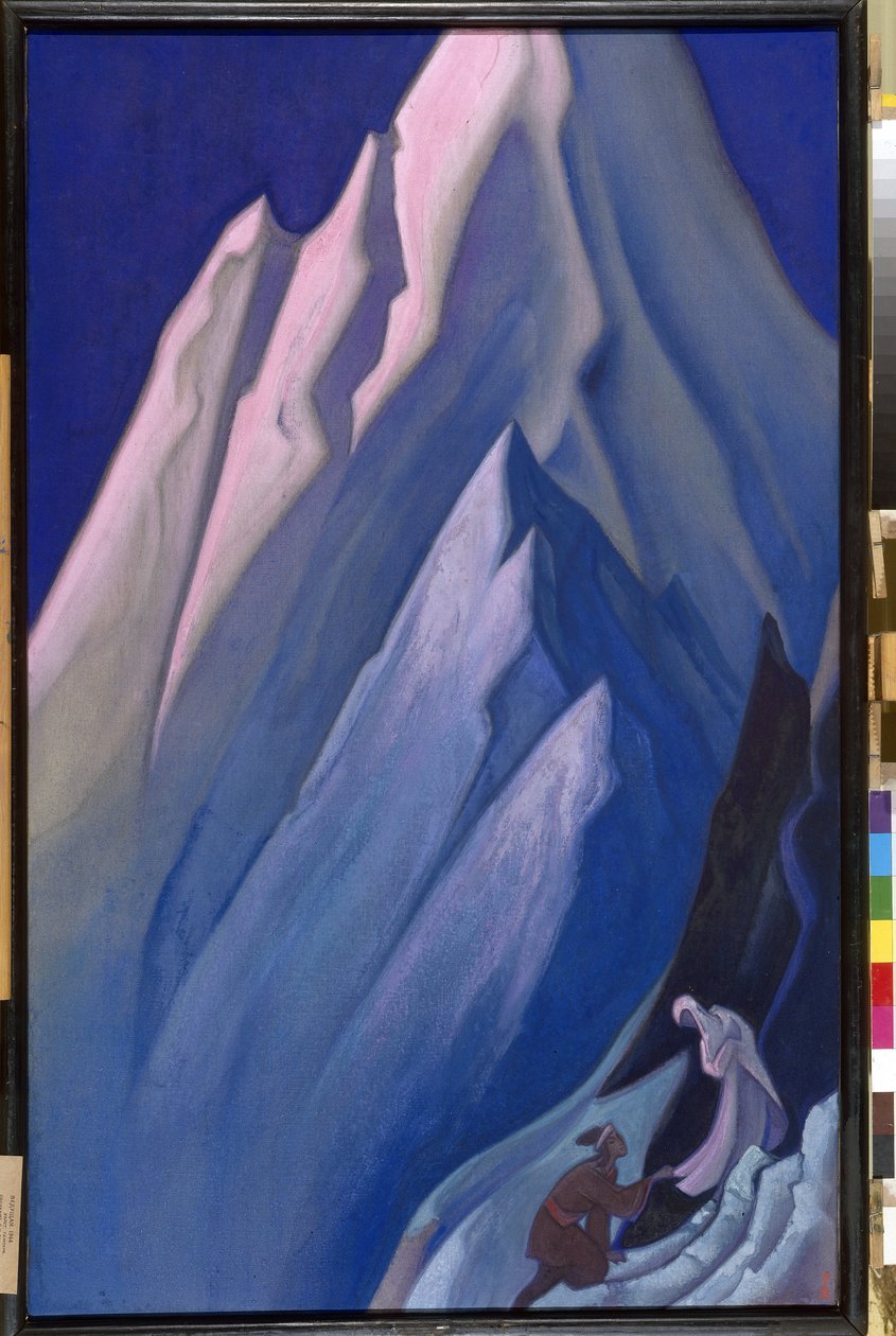 Hon som leder. I Himalayas berg rör en knästående man vid botten av en kvinnas dräkt, buddhistisk andlighet. Verk av Nicholas Roerich (1874-1947), tempera på duk av Nicholas Roerich