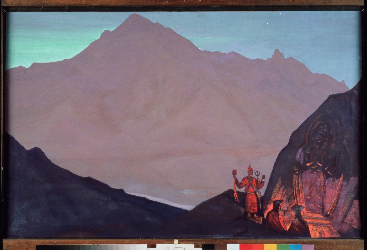 Chenrezig (Bodhidattva av medkänsla tillägnad Dalai Lama, eller Avalokiteshvara). Västra Tibet i Himalaya. (Buddhistiska munkar hyllar dess representation ingraverad på Himalayabergets vägg). Målning av Nicolas (Nicholas) Roeri av Nicholas Roerich