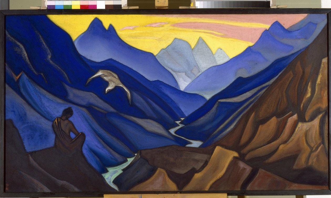 Mästarens kommandon. (Mästarens kommando). En man, som sitter i meditation i ett bergigt landskap i Tibet, svävas över av en stor vit fågel, buddhistisk andlighet. Verk av Nicholas Roerich (1874-1947), tempera på duk av Nicholas Roerich