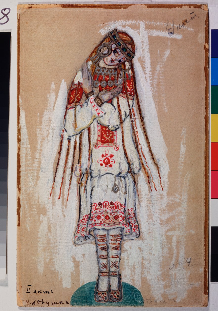 Kostym för en kvinnlig karaktär från baletten ""The Rite of Spring"" av Igor Stravinsky (1882-1971). Verk av Nicolas (Nicholas) Roerich (1874-1947), gouache på kartong av Nicholas Roerich