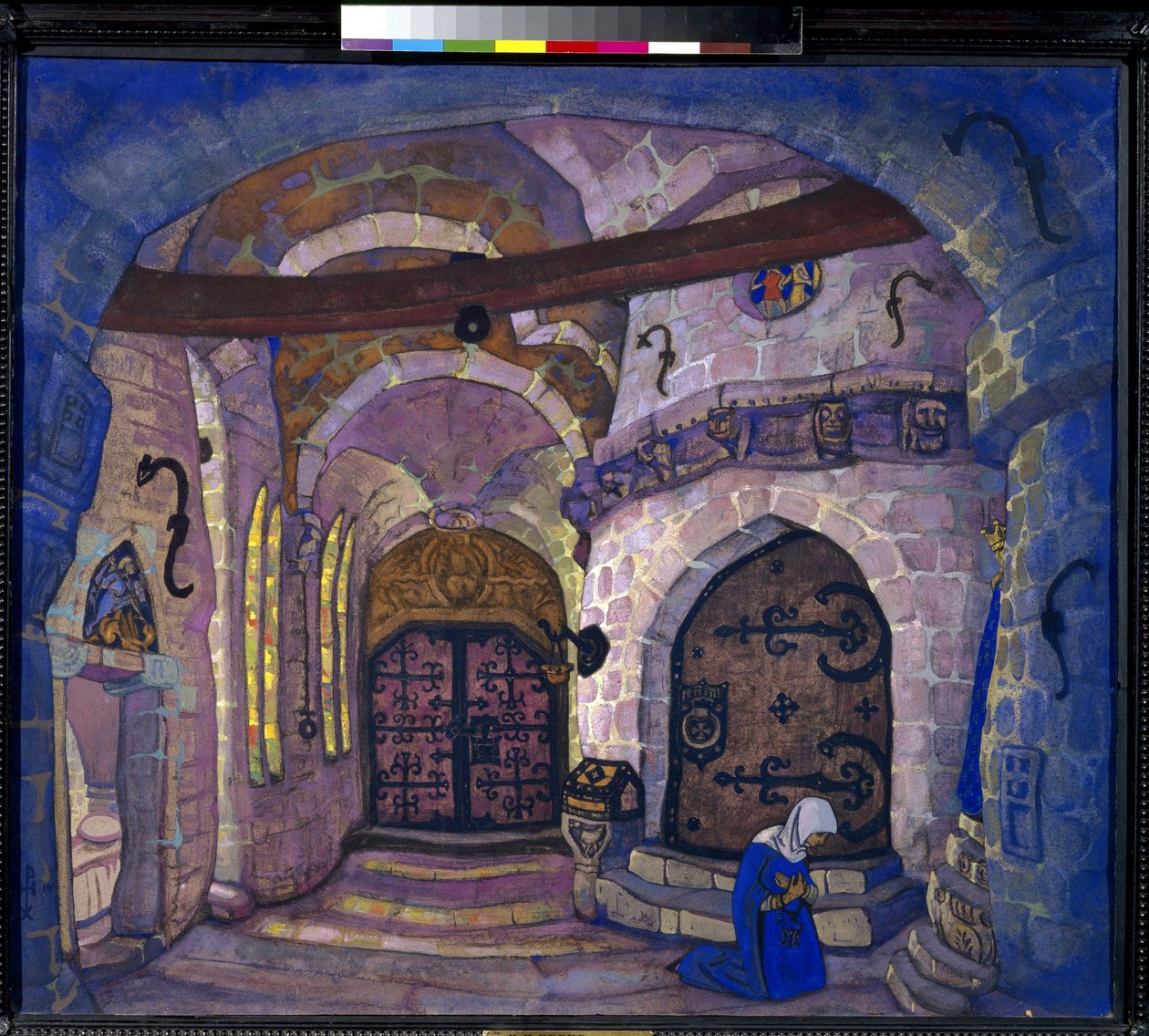I klostret. Förberedande dekor för operan Soeur Beatrice av A. Davydov. Verk av Nicholas Roerich (1874-1947), tempera på kartong av Nicholas Roerich