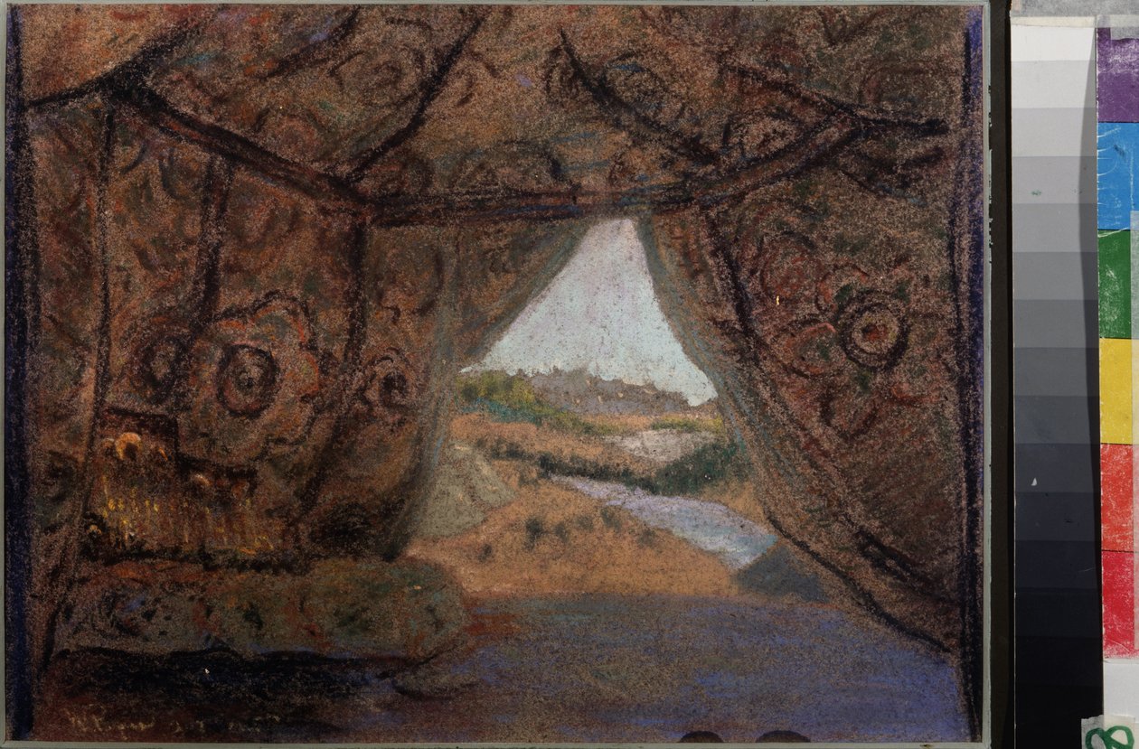 Förberedelseuppsättning för operan La Pskovitaine (Jungfrun från Pskov) av Nicholas (Nikolai) Rimsky Korsakov (1844-1908). Verk av Nicholas Roerich (1874-1947), pastell på kartong av Nicholas Roerich