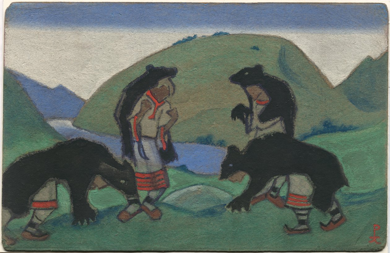 Äldste i björnskinn, dekor och kostymdesign för Stravinskys balett "Le Sacre du Printemps", 1944 av Nicholas Roerich