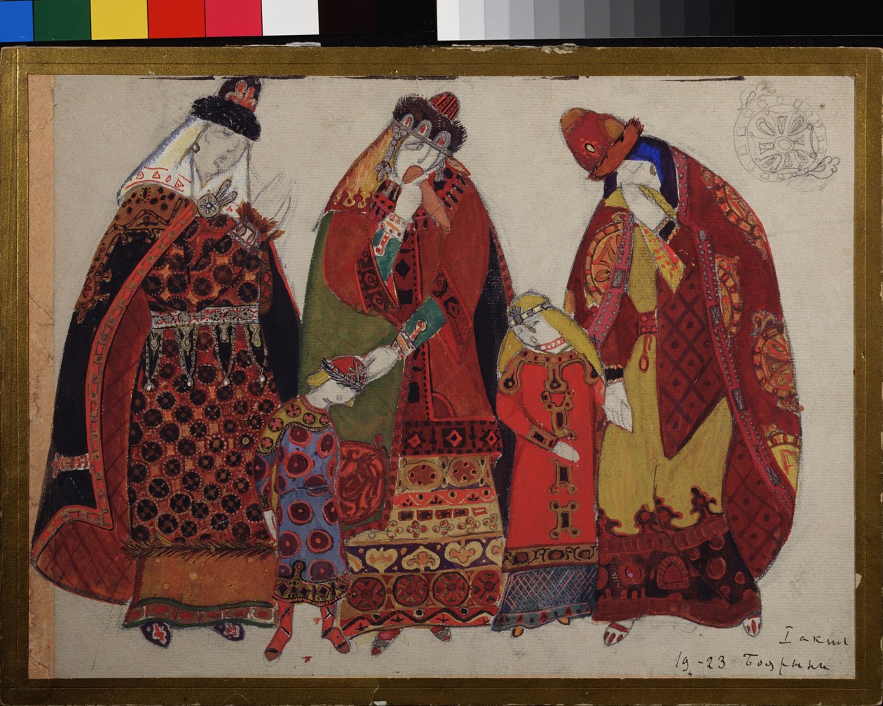 Kvinnor och barn. Kostymprojekt för operan Prins Igor av Alexandre Borodin (Borodin) (1833-1887). Verk av Nicholas Roerich (1874-1947), penna, gouache och bläck på papper av Nicholas Roerich