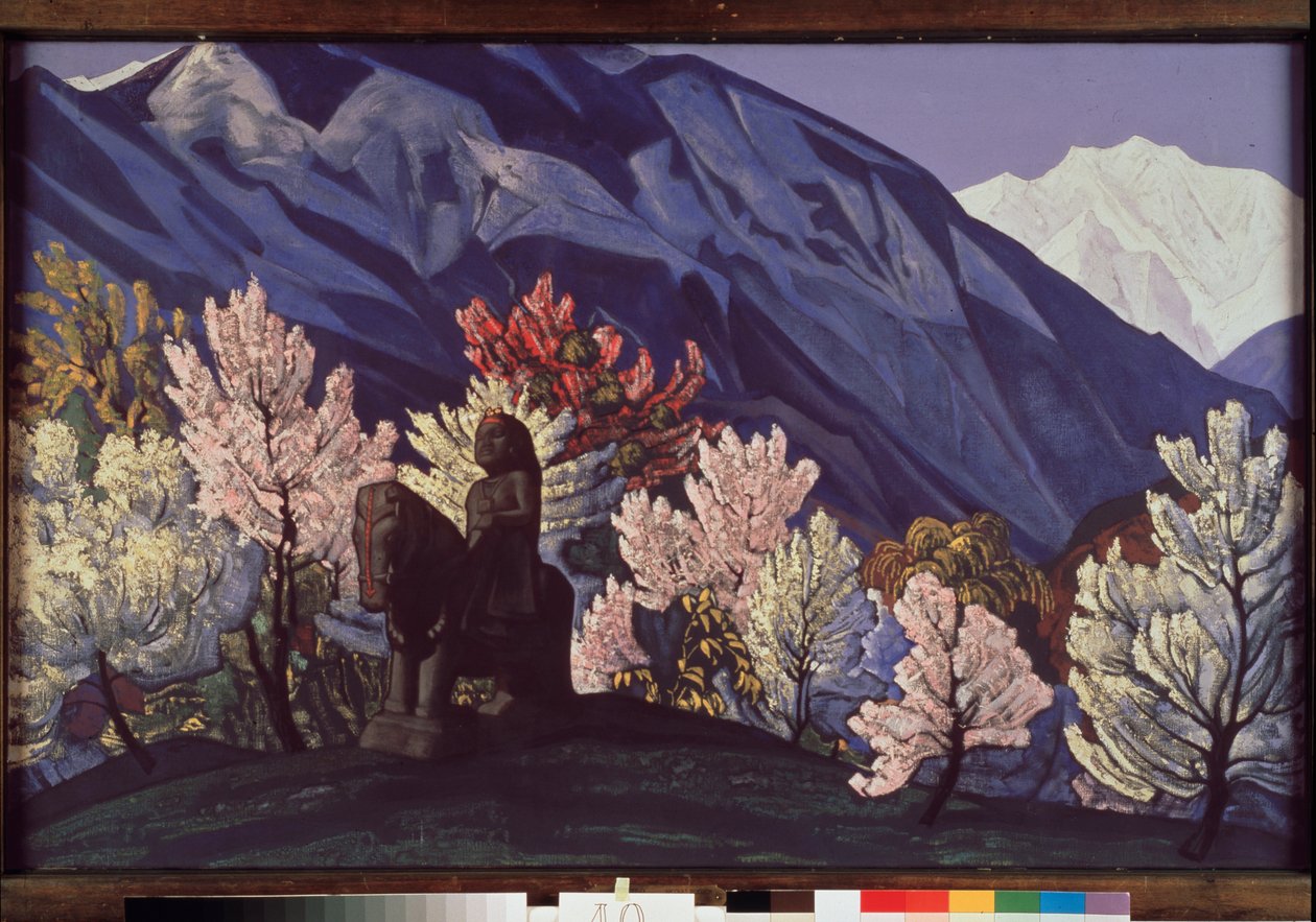 Guga Chohan. Kulu Valley (Indien). (Ryttstaty bland Himalayas blommande träd). Målning av Nicolas (Nicholas) Roerich (1874-1947), tempera på duk av Nicholas Roerich