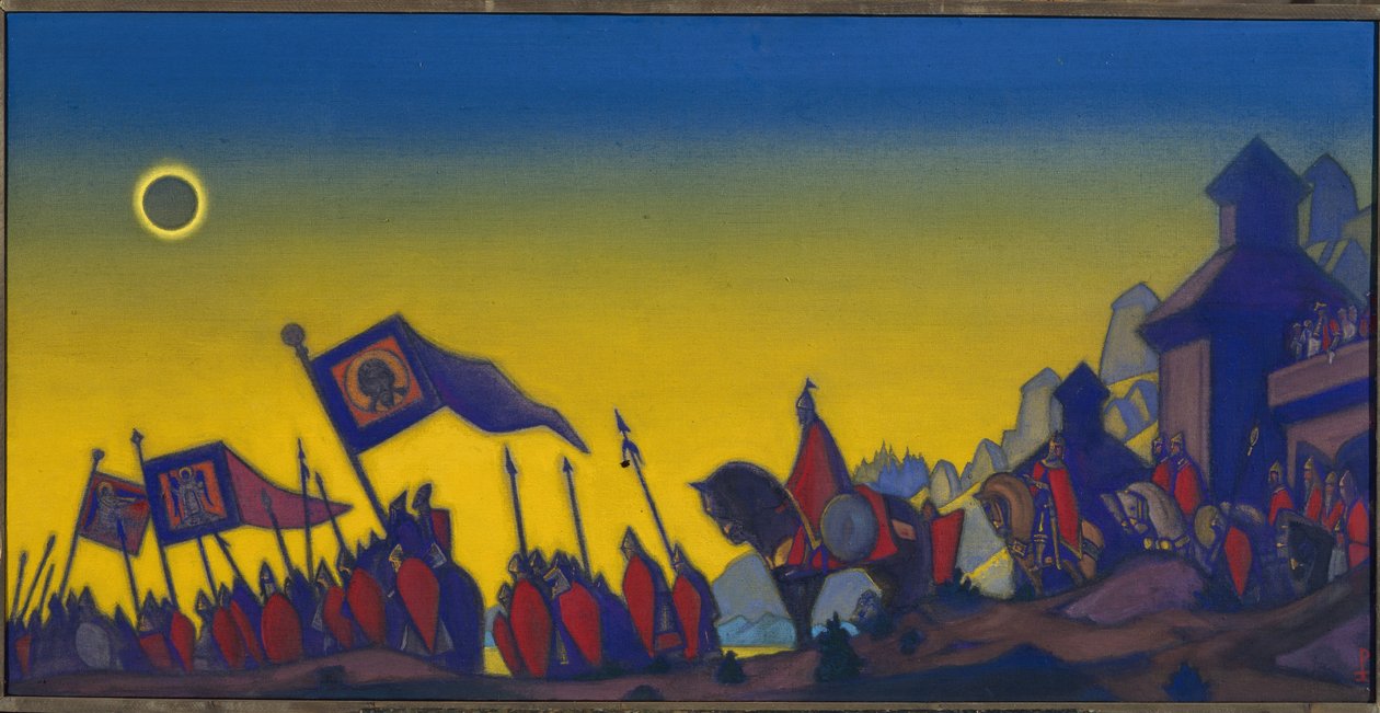 Igors kampanj. Inspirerad av slavisk litteratur från 1100-talet, episk dikt baserad på militära fakta om prins Igor Sviatoslavitch, känd som den modige (1151-1201 eller 1202). Verk av Nicolas Roerich (1874-1947), tempera på duk av Nicholas Roerich