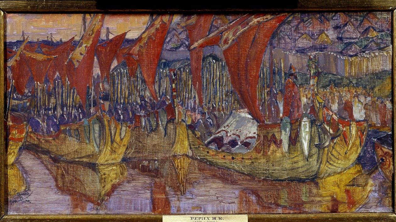 Kampanjen i Chersonessos av Vladimir den store (eller Helgonet eller den röda solen, Vladimir I Sviatoslavitch från Kiev, 958-1015). De röda seglen. Målning av Nicolas Roerich (1874-1947), olja på duk av Nicholas Roerich
