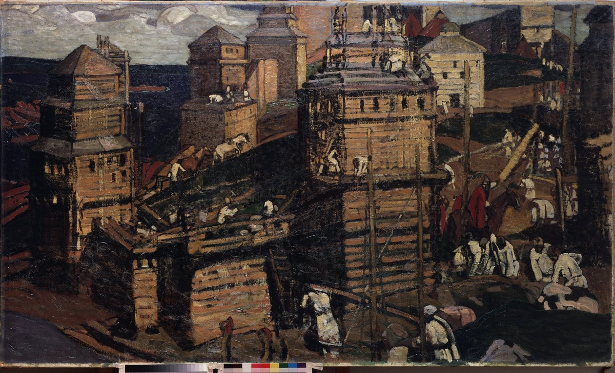 Bygga en stad. (Att bygga en stad). (för ett landsbygdssamhälle i Ukraina). Målning av Nicholas Roerich (1874-1947), olja på duk av Nicholas Roerich