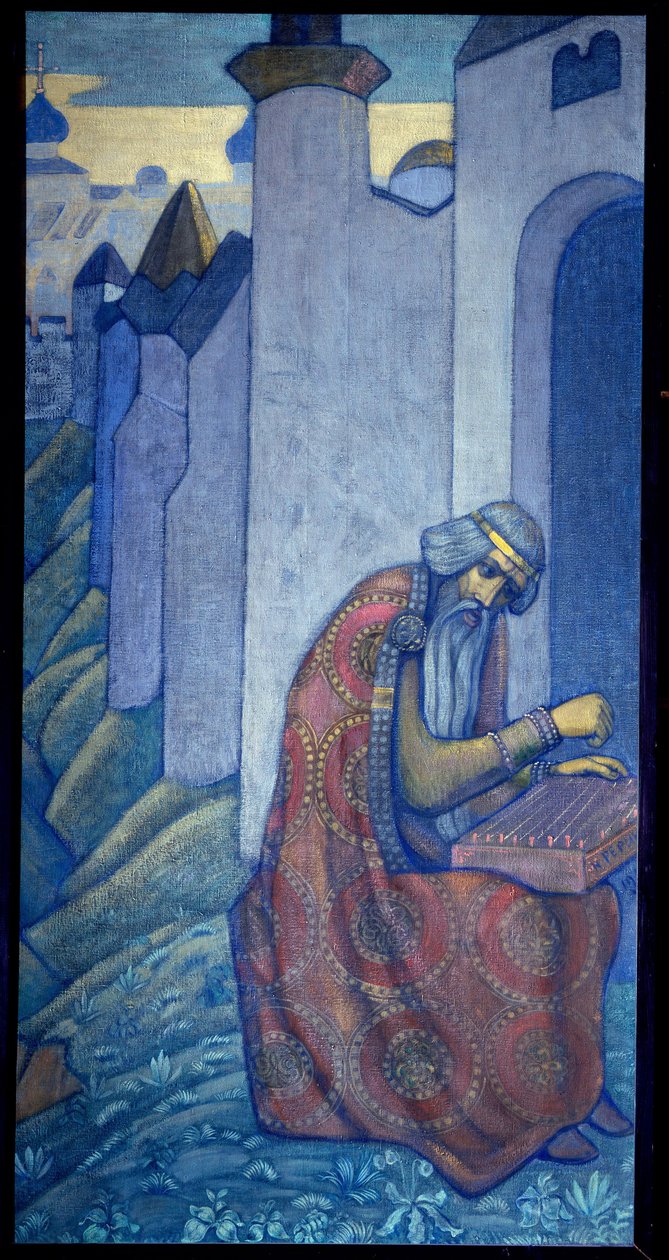 Den ryska barden Boyan spelar gusli (gusli, housli, husli) på 1000-talet. Målning av Nicolas (Nicholas) Roerich (1874-1947), tempera på duk av Nicholas Roerich