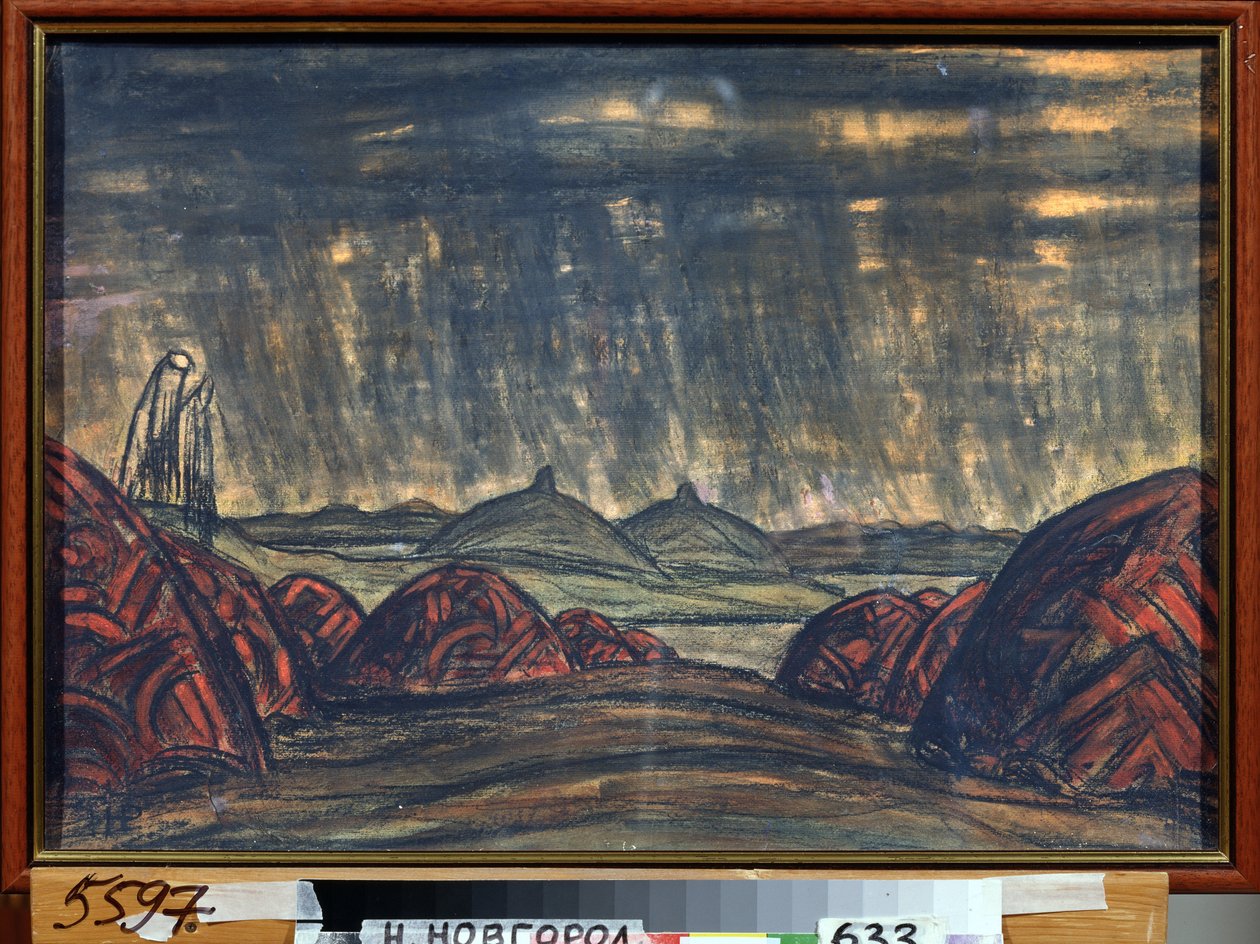Polovtsien-lägret (eller Couman, Kouman). Förberedande dekor för operan Prins Igor av Alexandre Borodin (Borodin) (1833-1887). Verk av Nicholas Roerich (1874-1947), pastell på kartong av Nicholas Roerich