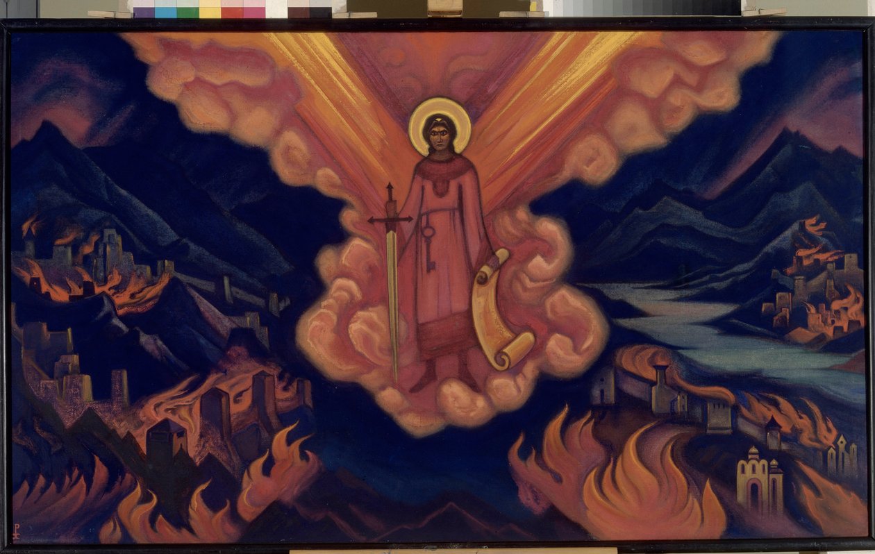 Den sista ängeln. Verk av Nicolas (Nicholas) Roerich (1874-1947), tempera på kartong av Nicholas Roerich