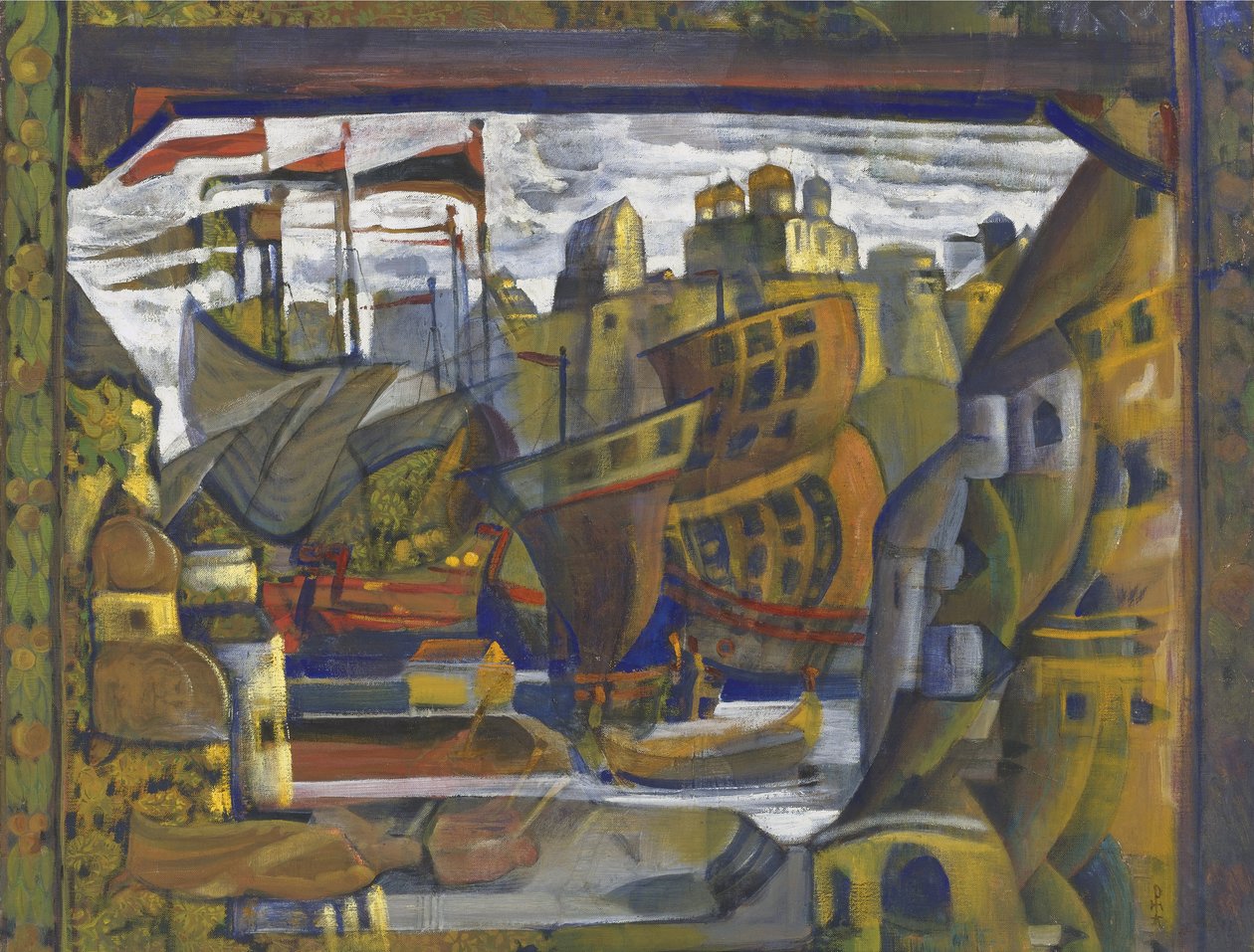 Novgorod-marknaden - Novgorod-marknaden. Scenografi för operan Sadko av N. Rimsky-Korsakov, av Roerich, Nicholas (1874-1947). Tempera på duk av Nicholas Roerich