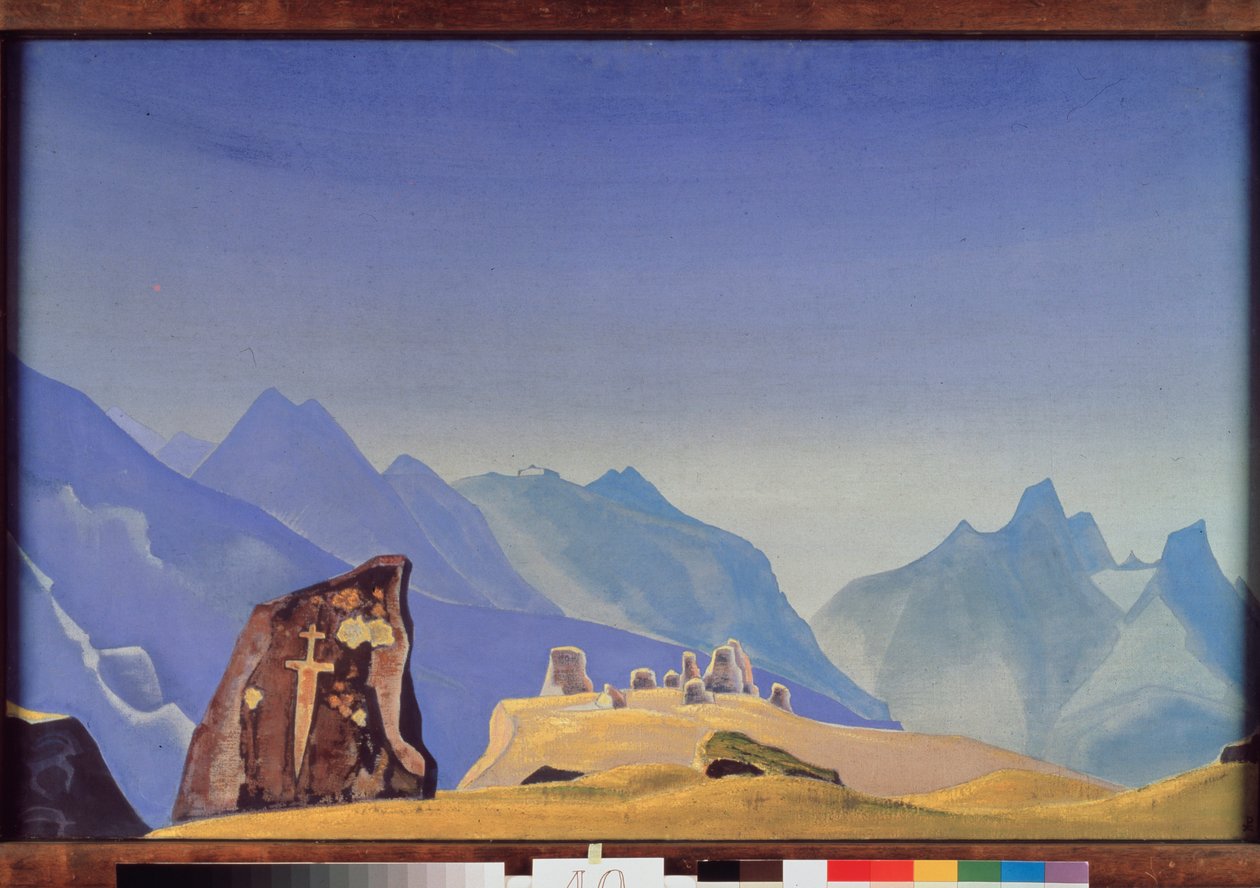 Gesar Khans svärd (eller kung Gesar av Ling, mongolisk och tibetansk hjälte). (Stengrav på toppen av Himalayas kedja). Verk av Nicolas (Nicholas) Roerich (1874-1947) tempera på duk av Nicholas Roerich