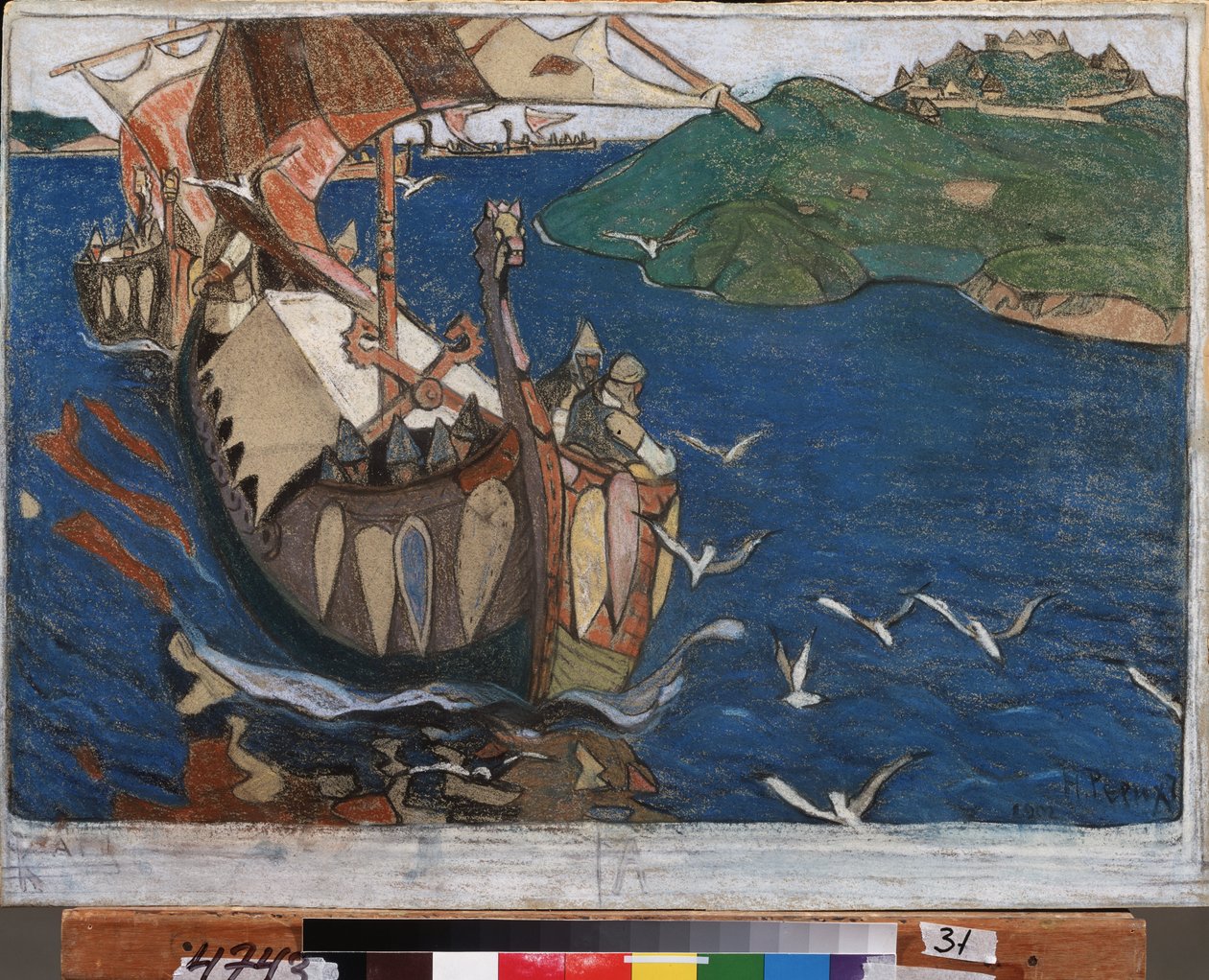 Utomeuropeiska besökare. Varangians (eller Rus) i Ryssland. Danska och svenska vikingar, som reste genom hela flodsystemet i de östra territorierna och byggde fort. Verk av Nicholas Roerich (1874-1947), tempera på kartong av Nicholas Roerich