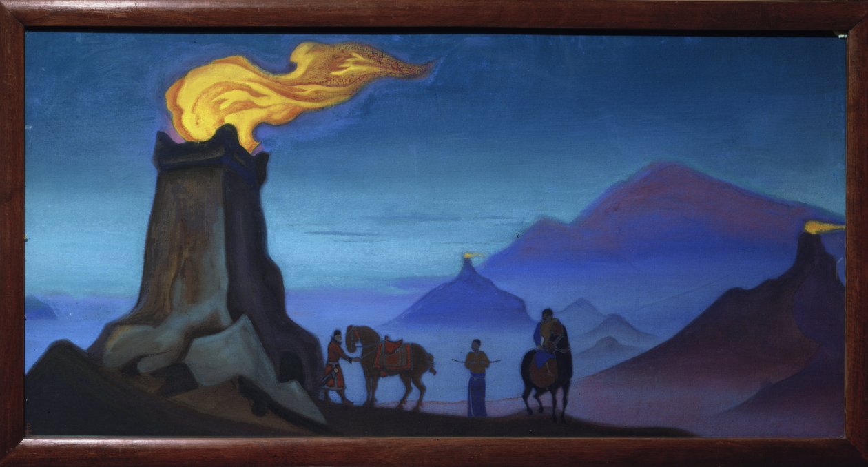 Segerns lågor. (Silhuetter av ryttare i Himalaya-bergen, kväll). Verk av Nicholas Roerich (1874-1947), tempera på duk av Nicholas Roerich