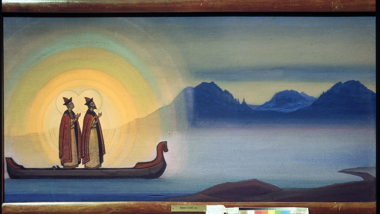 De heliga Boris och Gleb. (Bröder mördade mellan 1015 och 1019, de är de första helgonen i Ryssland, helgonförklarade 1071). Målning av Nicolas (Nicholas) Roerich (1874-1947), teampera på duk av Nicholas Roerich