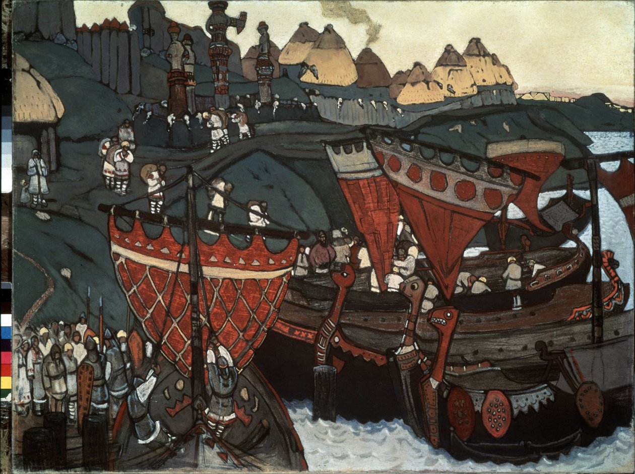 Slaverna vid Dnepr: Varangians (eller Rus) som lånar floden (slaverna vid Dnepr). Verk av Nicholas Roerich (1874-1947), tempera och pastell på kartong av Nicholas Roerich