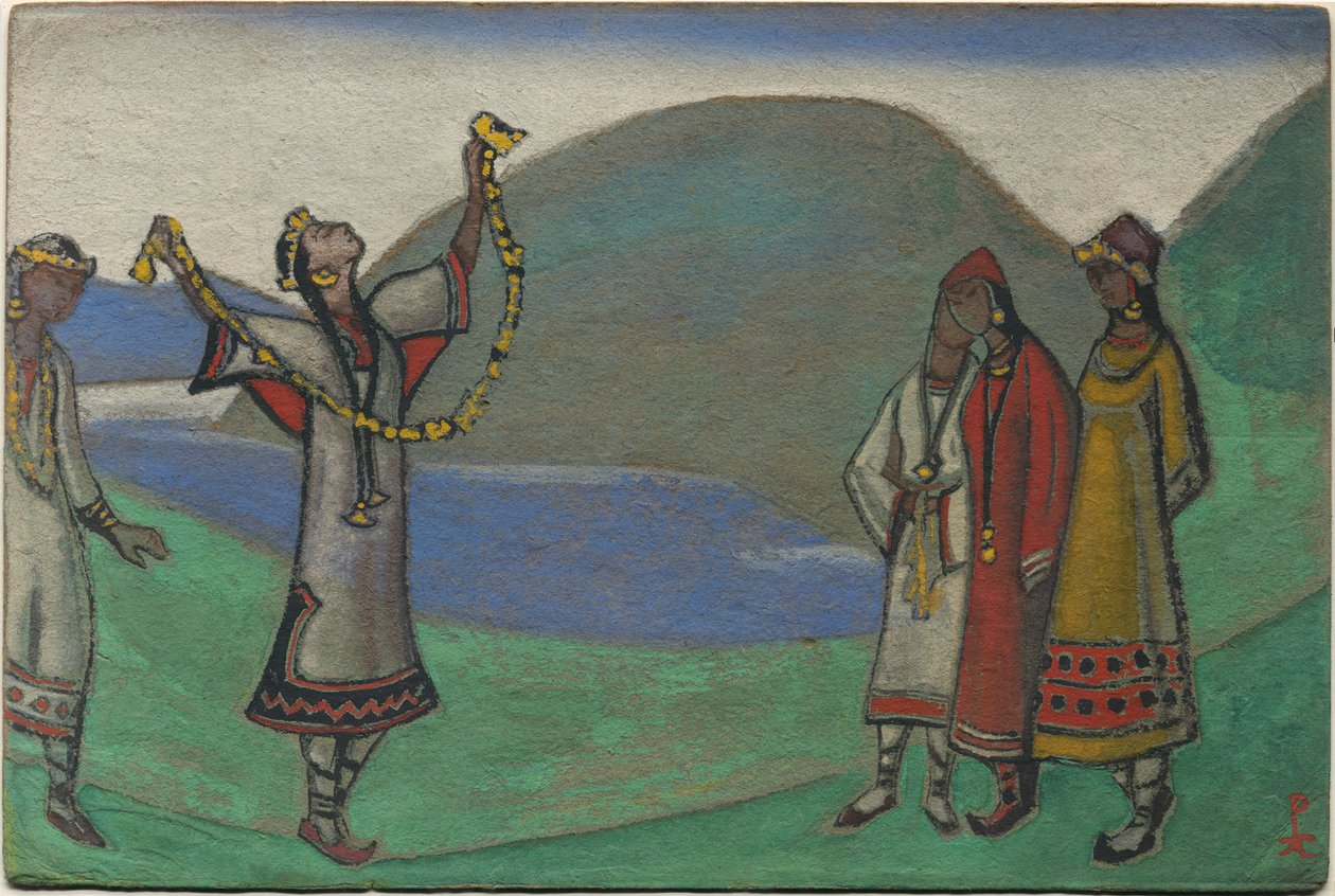 Jungfru, dekor och kostymdesign för Stravinskys balett "Le Sacre du Printemps", 1944 av Nicholas Roerich
