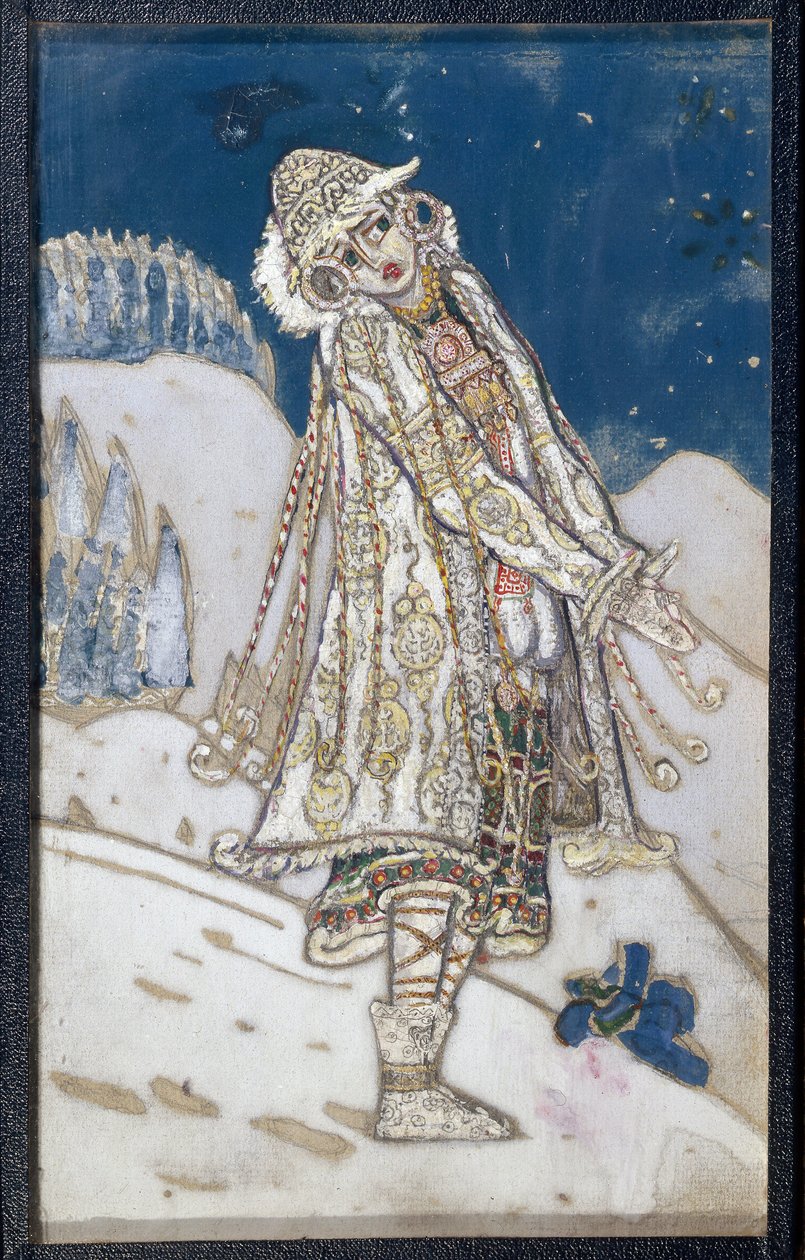 Kostymprojekt för pjäsen La demoiselle des neiges av Alexandre Ostrovski (1823-1886). (Dräktdesign för teaterpjäsen Snow Maiden, av A. Ostrovsky). Verk av Nicholas Roerich (1874-1947), tempera på papper av Nicholas Roerich