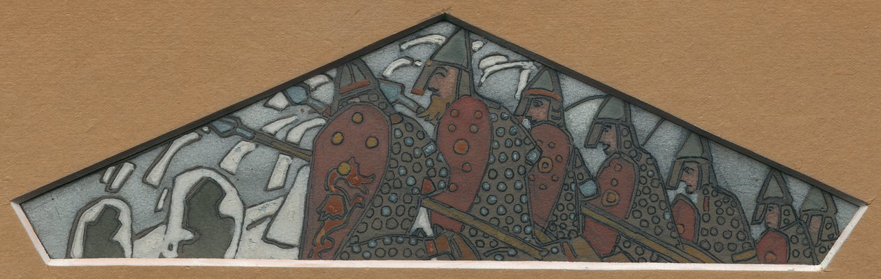 Skiss för den triangulära dekorationen längst till höger av majolikafrisen "Northern Life", 1905 av Nicholas Roerich