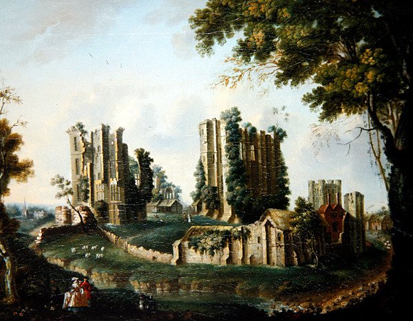 En omfattande utsikt över Kenilworth Castle (olja på duk) av Nicholas Thomas (attr. to) Dall