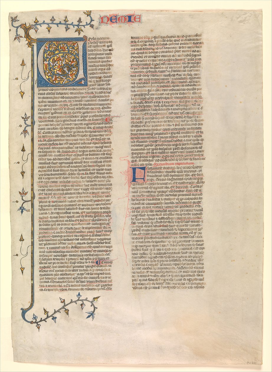 Initial V från Nehemias kommentar, ett av sex illustrerade blad..., ca. 1360-1380. av Nicholas of Lyra