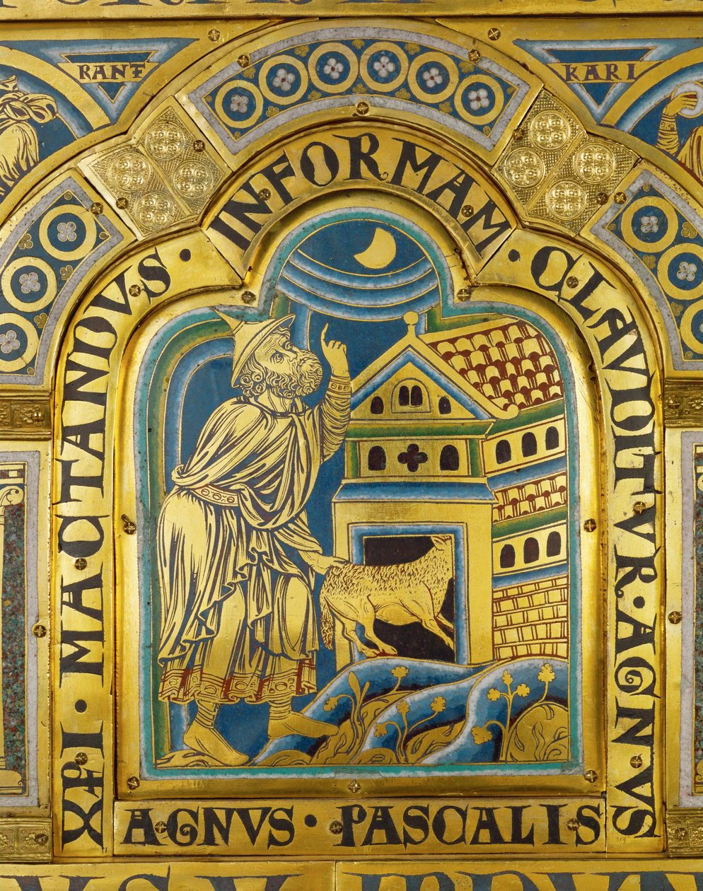 Agnus Pascalis, det symboliska påsklammet ... (emaljplakett i champleveteknik på förgylld koppar) av Nicholas of Verdun