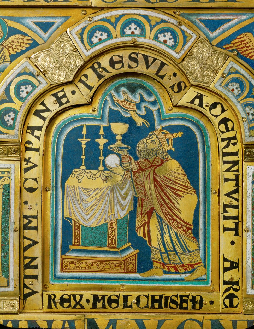 Prästkungen i Salem, Melkisedek, offrar bröd och vin ... (emalj på förgylld koppar) av Nicholas of Verdun
