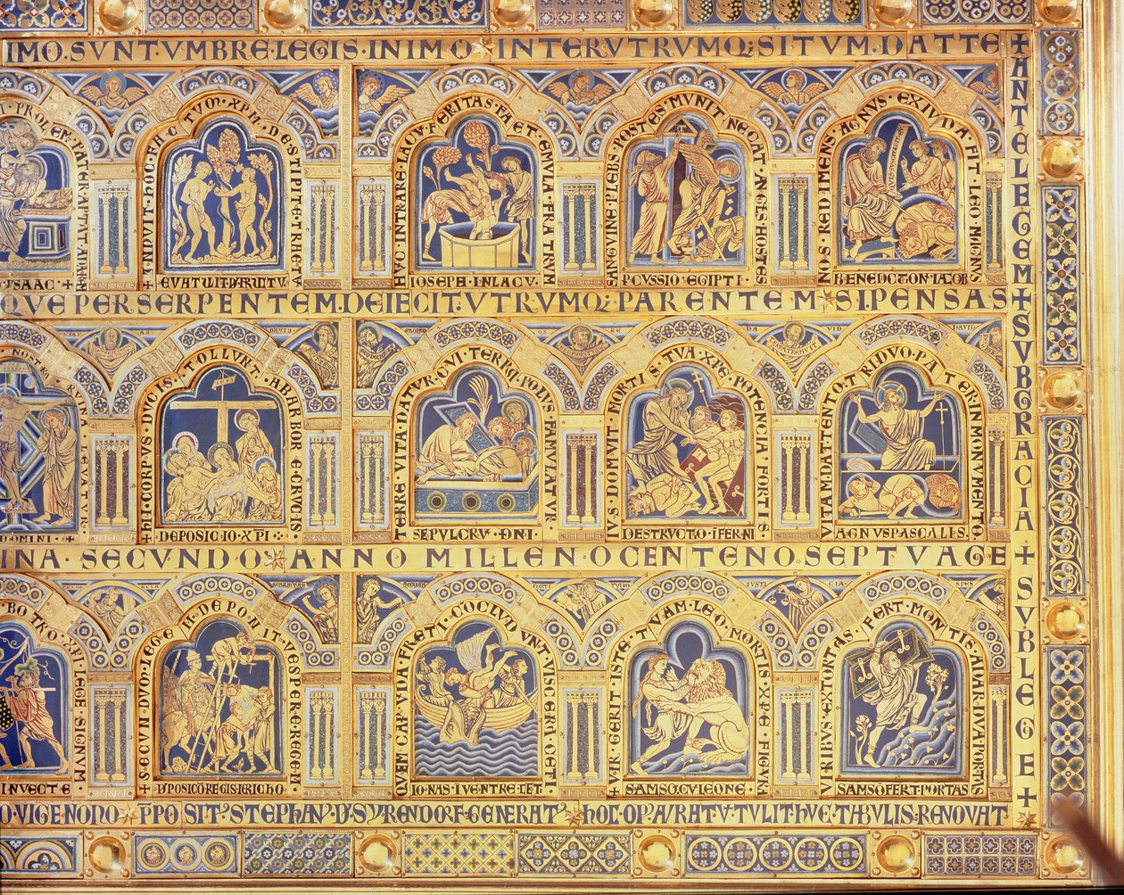Verdun-altaret, föreställande bibliska scener, 1181 (champleve-emaljarbete) (höger del av centralpanelen) (för andra paneler se 146819, 146820 och 146822) av Nicholas of Verdun
