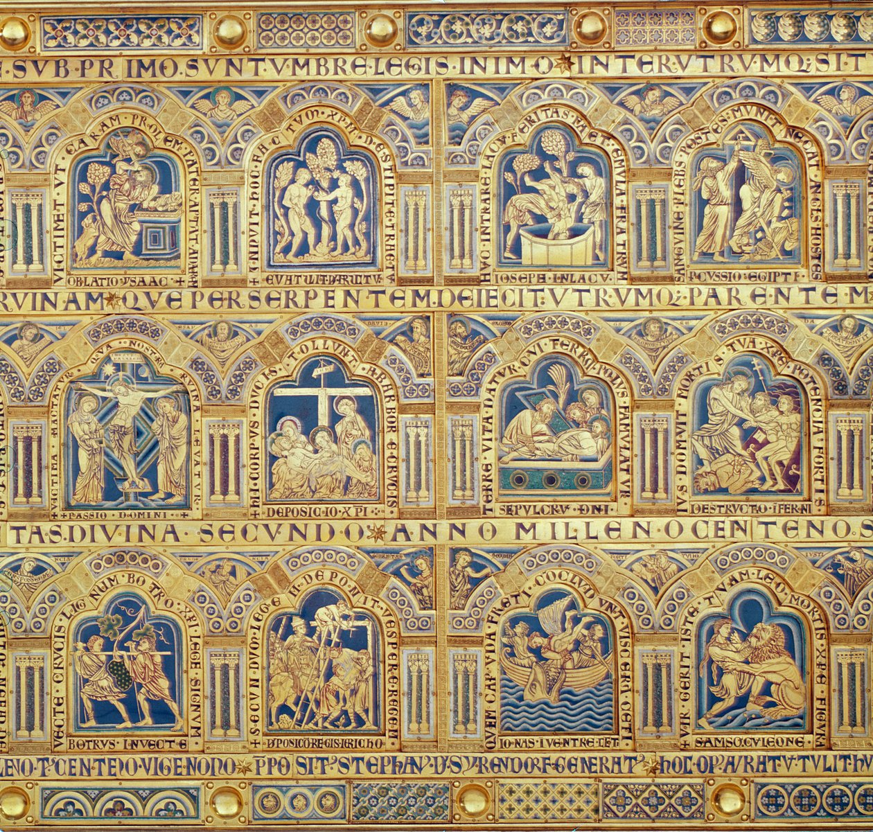 Verdun-altaret, detalj av dekorativa paneler som visar bibliska scener, 1181 champleve-emaljarbete av Nicholas of Verdun