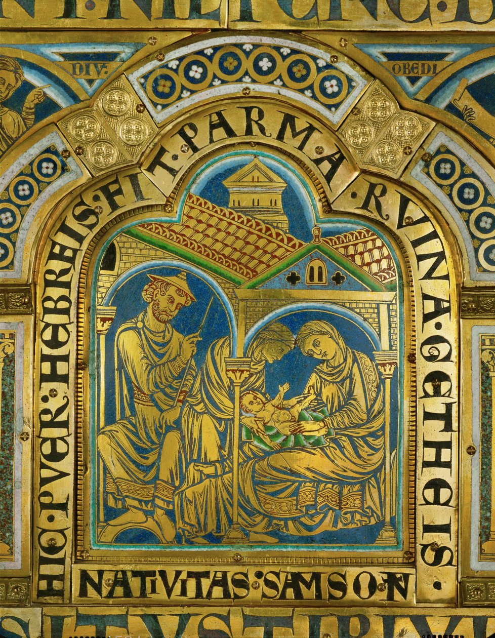 Simsons födelse, Manoah med en medeltida judeshatt ... (emalj på förgylld koppar) av Nicholas of Verdun