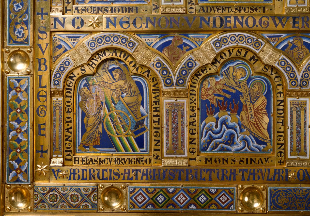 Verdun-altare gjort i guld och enamaille av Nicolas de Verdun (ca.1130/50-1205): scener från Gamla och Nya testamentet: detalj som visar uppstigningen av Elia och Moses som tar emot lagens tabeller. 1100-talet Klosterneuburg Wien, Österrike av Nicholas of Verdun