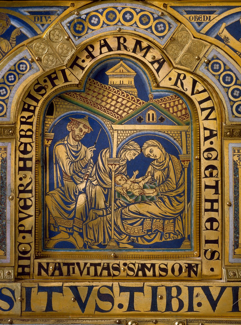 Verdun-altare gjort i guld och emalj av Nicolas de Verdun (ca.1130/50-1205): scener från Gamla och Nya testamentet: detalj som representerar Simsons födelse. 1100-talet Klosterneuburg Wien, Österrike - Verdun Altar, emalj på förgylld koppar, av Nicolas de av Nicholas of Verdun