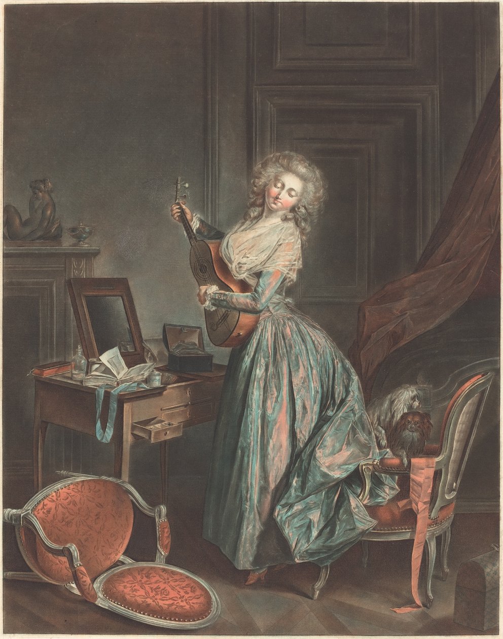 A Woman Playing the Guitar, 1788-9, graverad av Jean-François Janinet (etsning och tvättning tryckt i färgbläck) av Niclas II Lafrensen