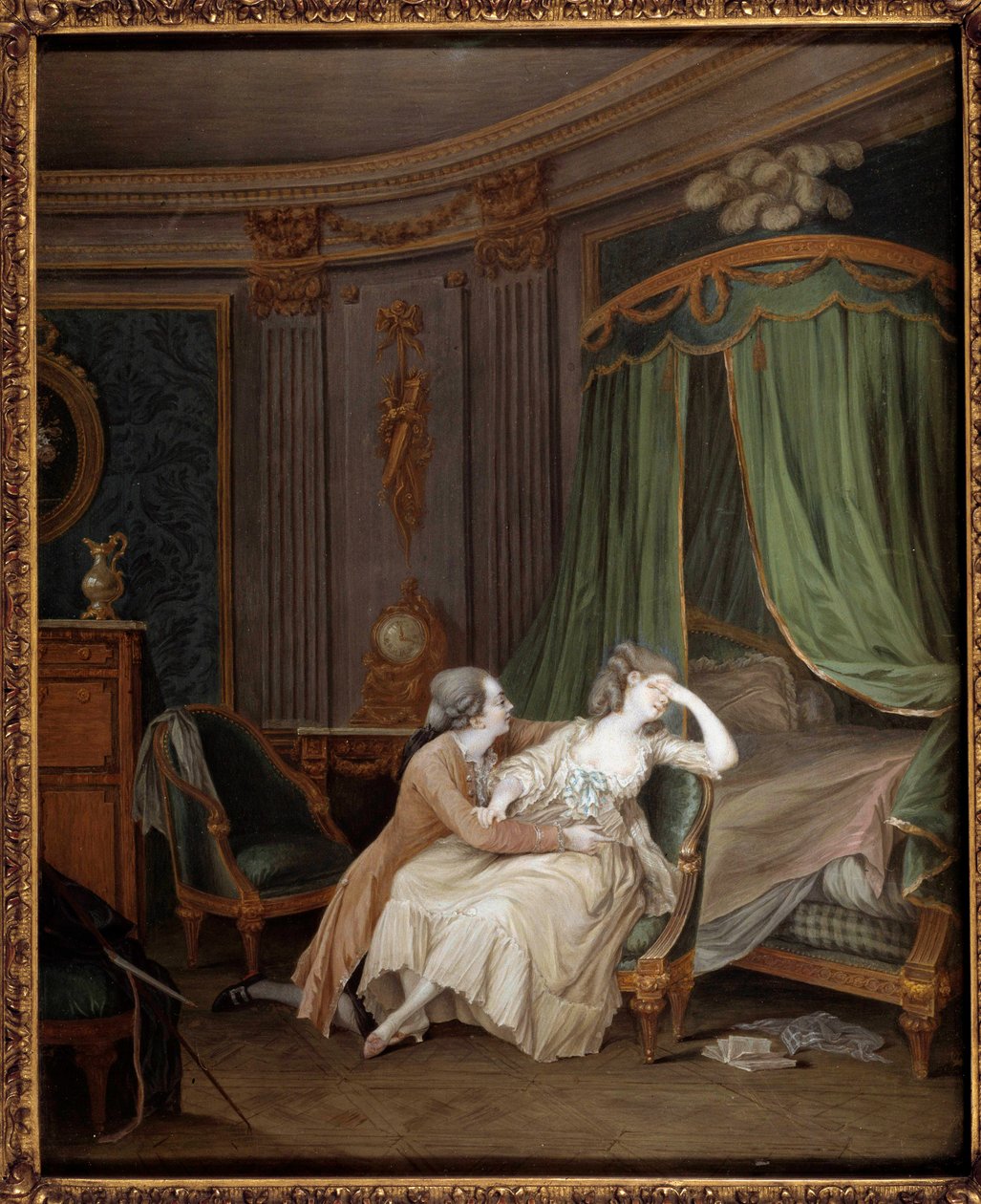 Sen omvändelse En man bekänner förmodligen en otrogen för sin fästmö som svimmar. Målning av Niklas Lavreince (1737-1807) 1700-talets Paris, Musee Cognacq Jay av Niclas II Lafrensen