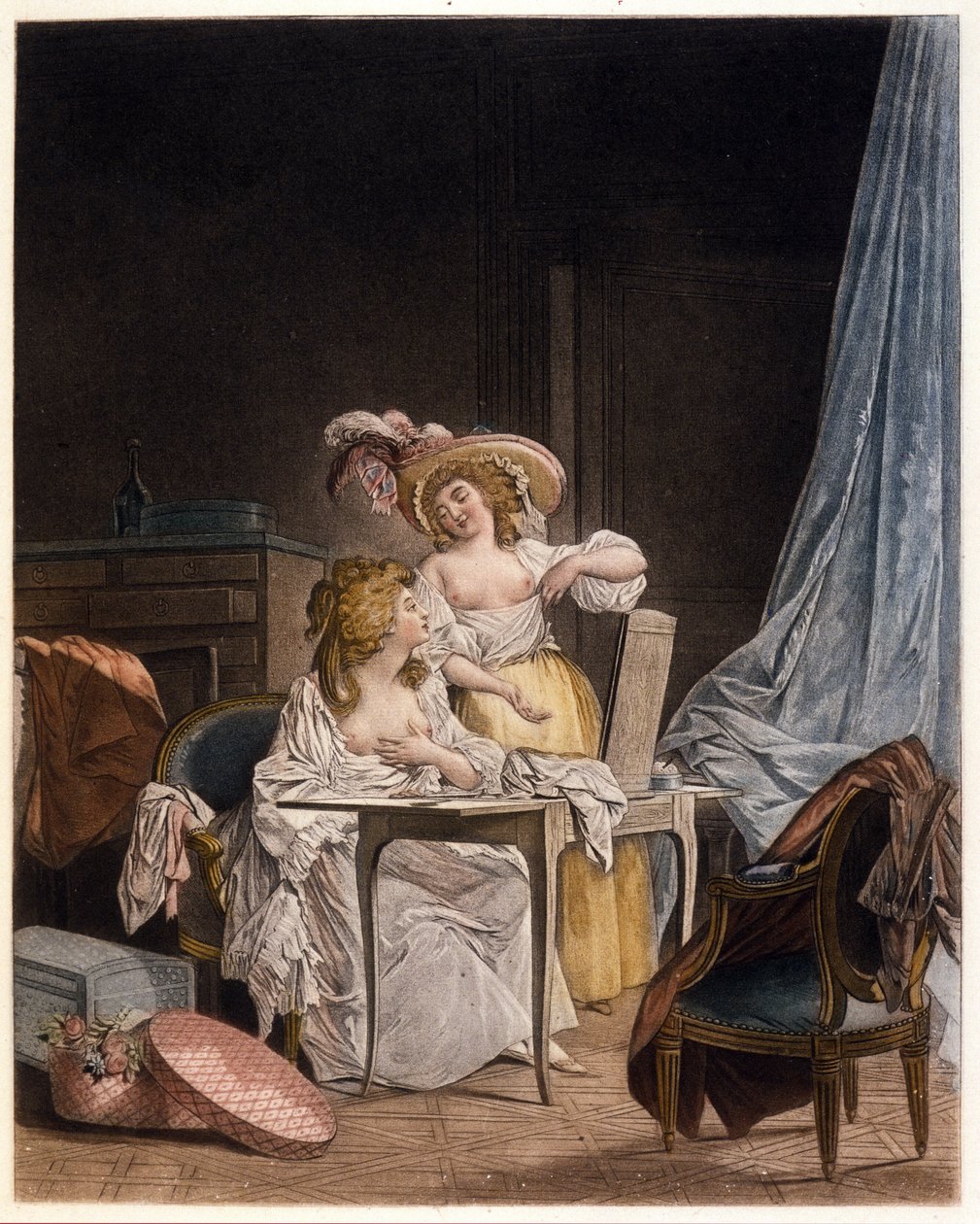 Jämförelsen. Två kvinnor jämför storleken på sina bröst. Gravyr av Nicolas Lavreince (1737-1807), cirka 1782. av Niclas II Lafrensen