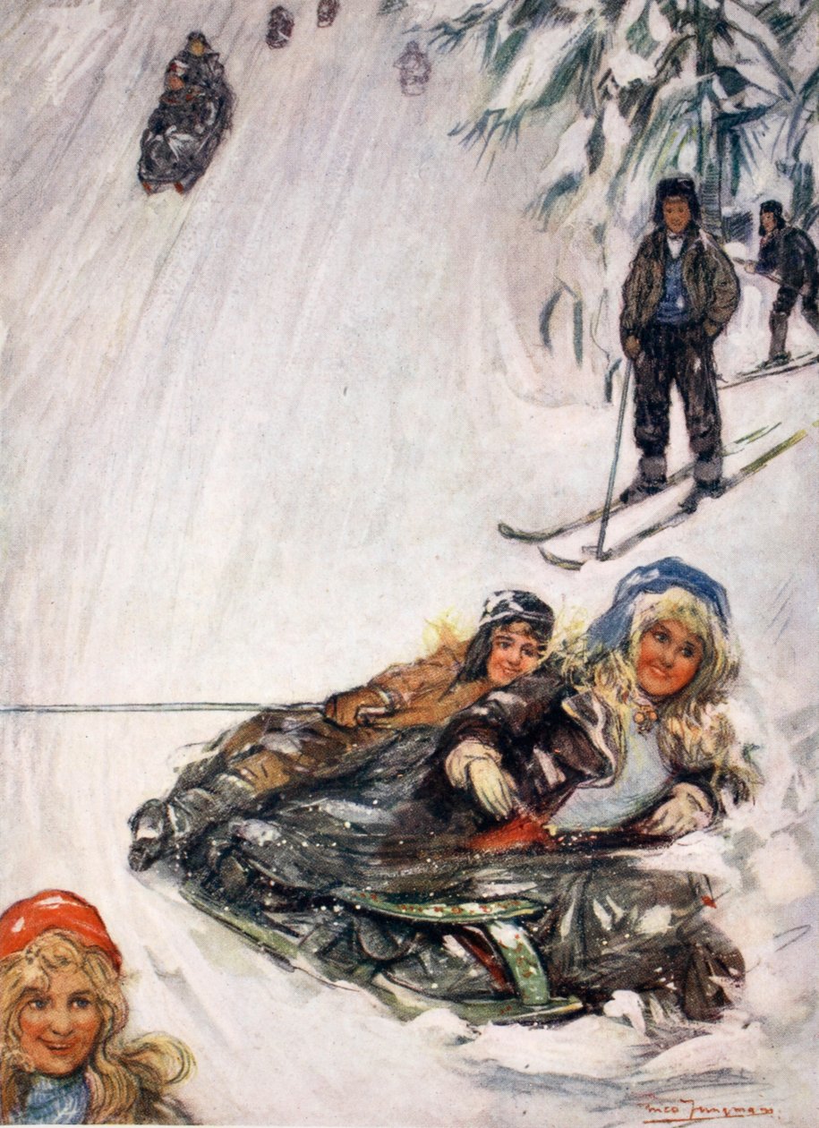 Flickor på vältad släde, Holmencollen, 1905 av Nico Jungman