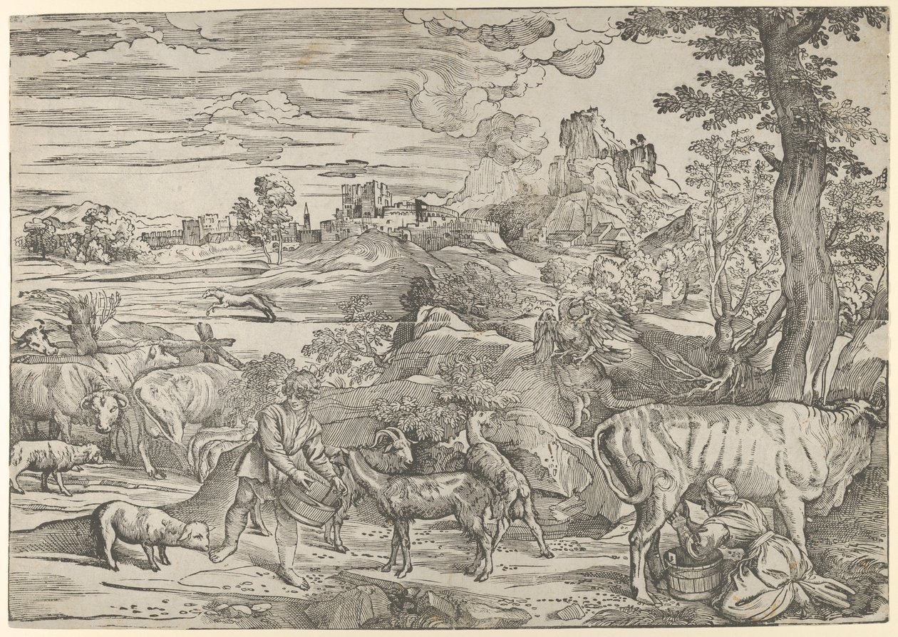 Landskap med en mjölkpiga till höger och en pojke till vänster, ca. 1535-40., ca. 1535-40. av Nicolò Boldrini