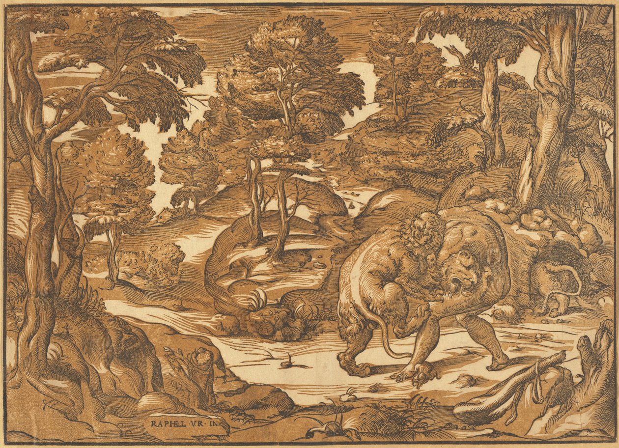 Herkules och det Nemeiska lejonet av Nicolò Boldrini, after Raphael