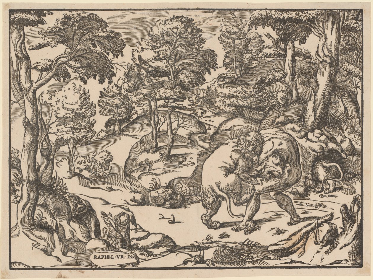 Herkules och det Nemeiska lejonet av Nicolò Boldrini, after Raphael
