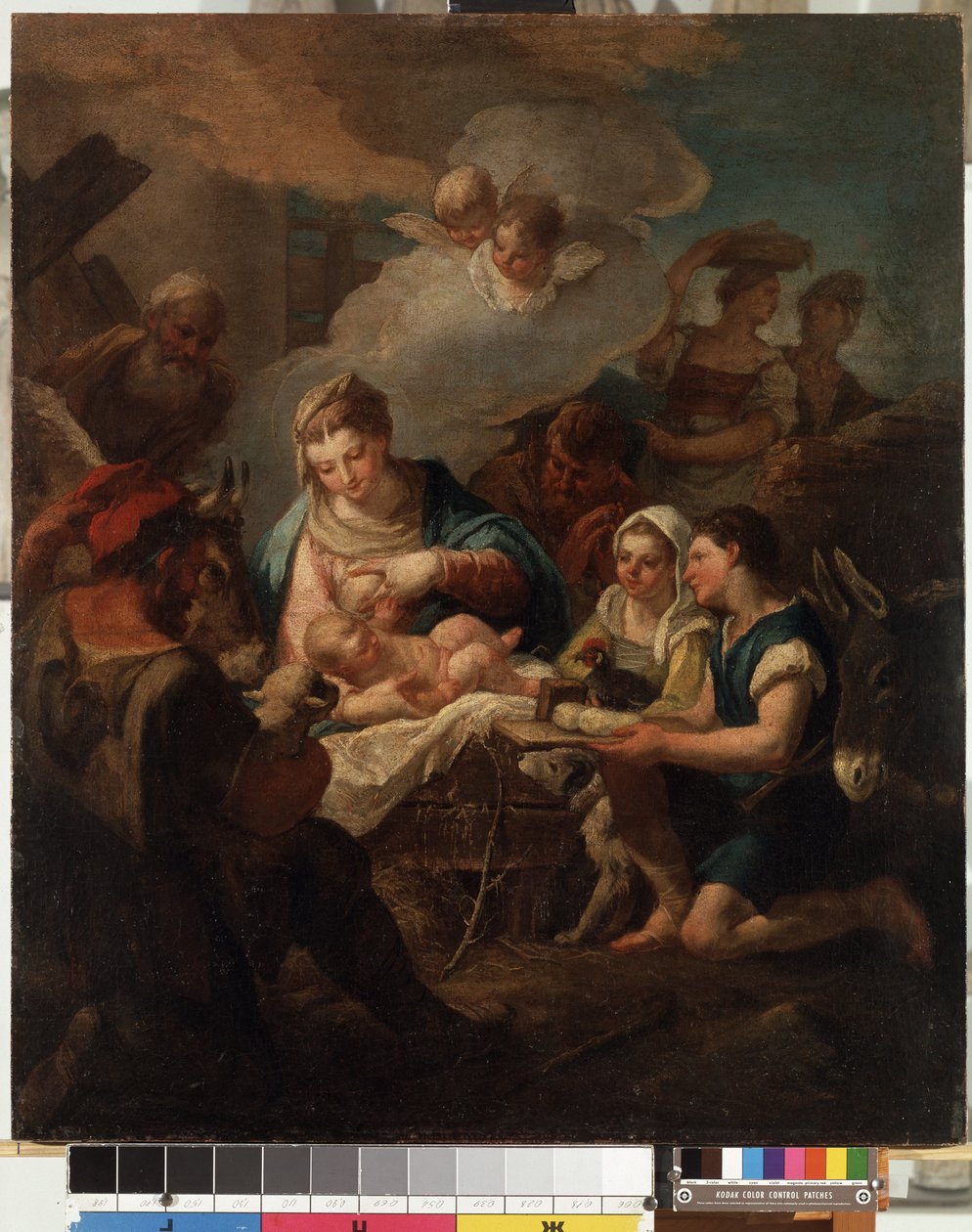 ""Tillbedjan av Kristusbarnet"" (The Adoration of the Christ Child) Målning av Nicola Grassi (1682-1748) 1700-talets Mikalojus Konstantinas Ciurlionis Museum of Fine Arts, Kaunas, Litauen av Nicolò Grassi