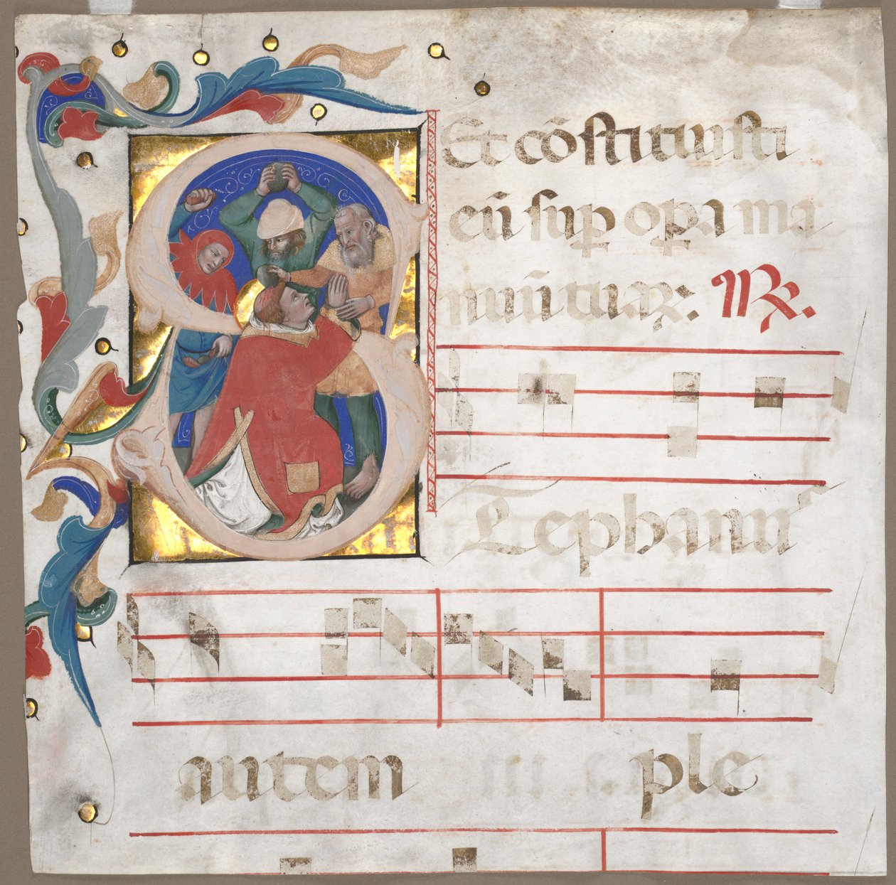 Fragment of an Antiphonary with Historiated initial S: The Stening of St. Stephen, ca. 1370-1372. av Nicolò da Bologna