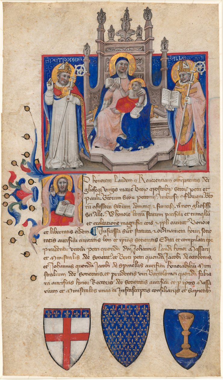 Madonna och barn på tronen mellan de heliga Petronius och Alle (Eligius); Kristus i inledande A av Nicolò da Bologna