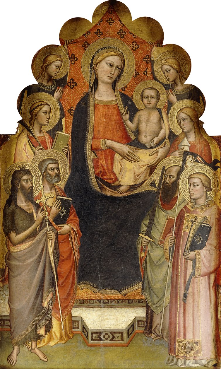 Madonnan och barnet tronade med de heliga Johannes Döparen, Petrus, Maria Magdalena, Paulus och Stefanus, en kvinnlig martyrhelgon och änglar, av Nicolò di Pietro