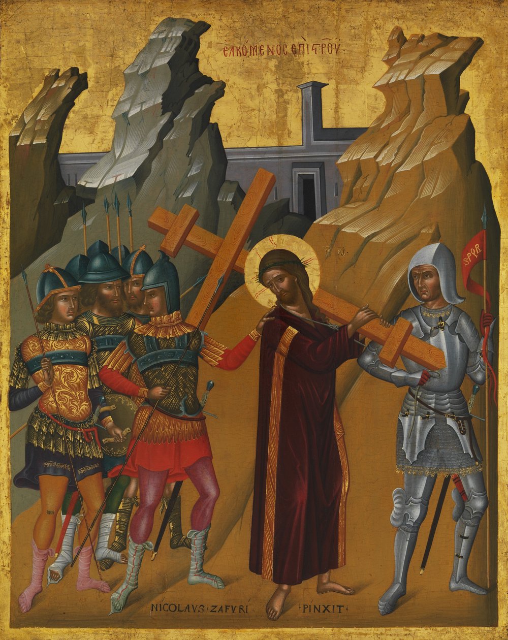 Kristus som bär korset, ca 1590 (olja och tempera på trä, guldslipad) av Nicola Zafuri