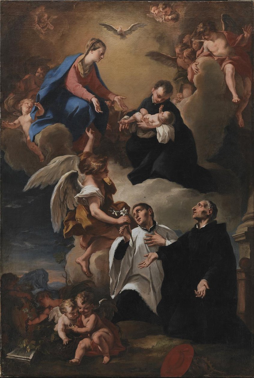 Den Helige Ande, Änglarna och Jungfrun med de heliga Markus, Stanislau Kostka (Håller barnet), Aloysius Gonzaga och Francesco Borgia av Nicola Grassi