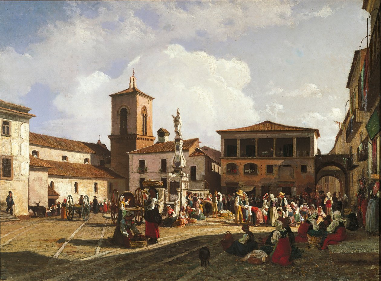 Benevento (region Campania), Orsini-torget med katedralens klocktorn och fontänen tillägnad påven Orsini (olja på duk) av Nicola Palizzi