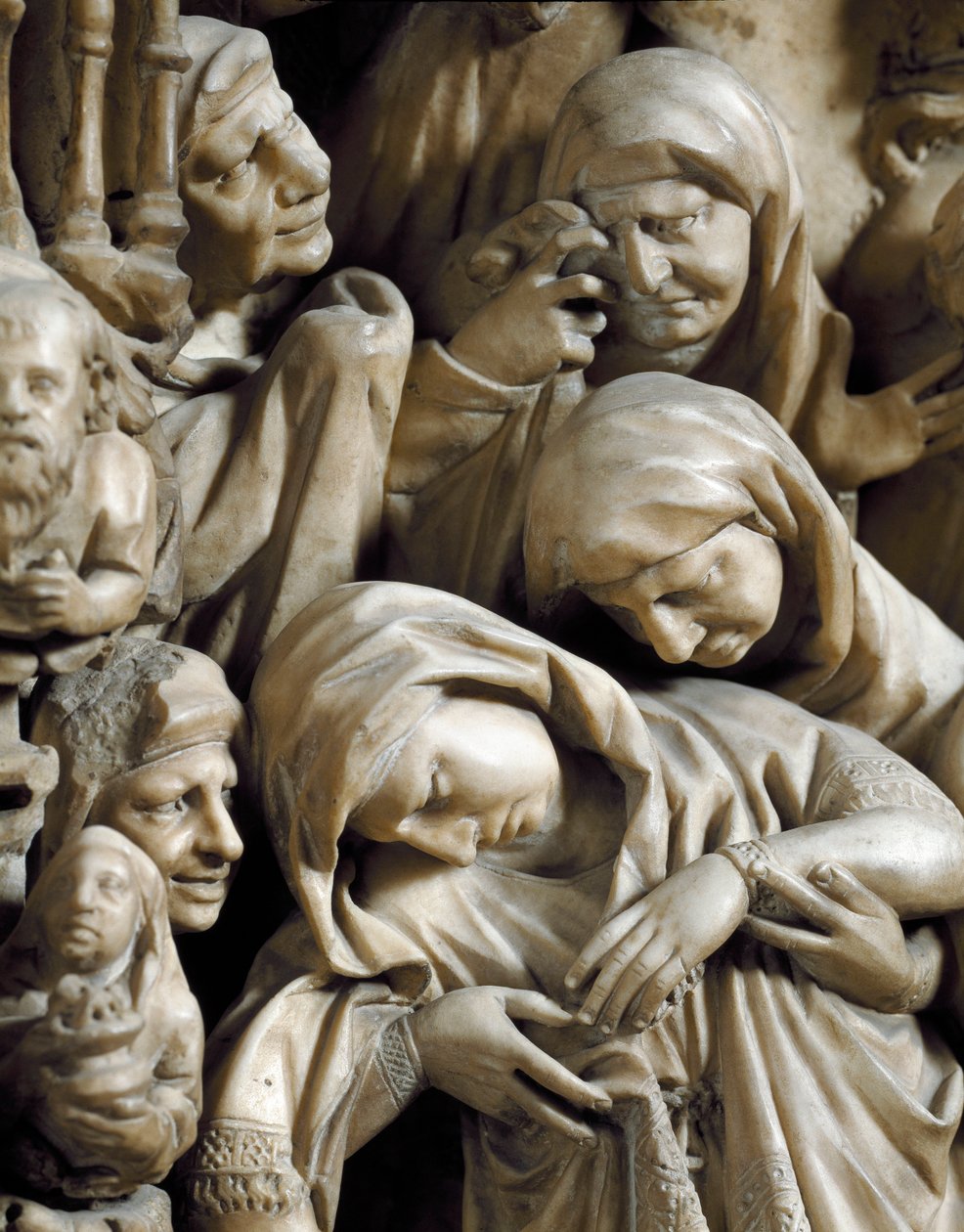 Gotisk konst: "" The Crucifixion"" Reliefdetalj av marmorpredikstolen av Nicola Pisano (1215/20-1278/84) (detalj från Predikstolen) 1266-1268 - Cathedrale Notre-Dame-de-l